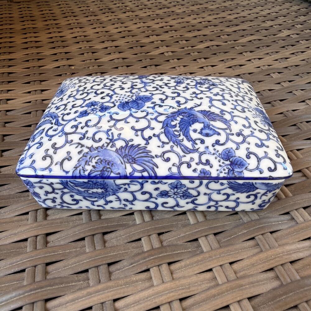 Takahashi San Francisco Porcelain Double Deck Playing Card Holder Blue White Jap